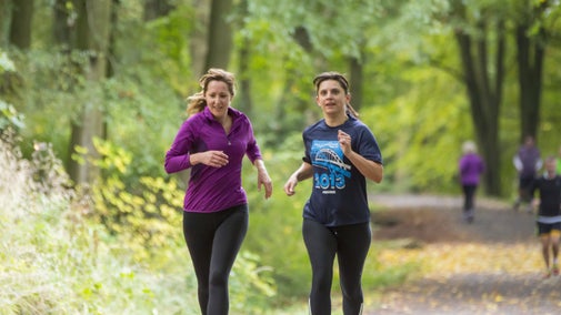 Two runners on a woodland path at Speke Hall, Liverpool